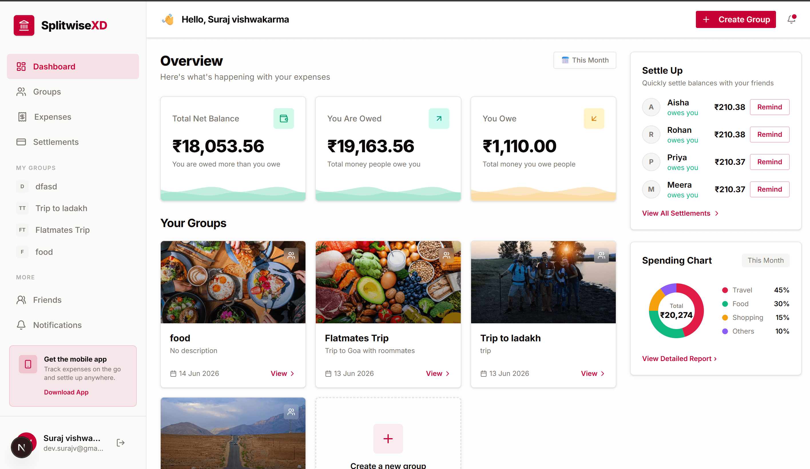 SplitwiseXD Dashboard — group balances and expense tracking